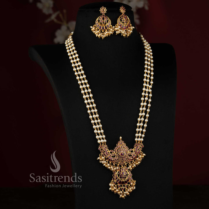 Elegant Three-Layer Pearl Necklace Set with Peacock-Inspired Pendant for Temple Functions and Festive Celebrations - Sasitrends