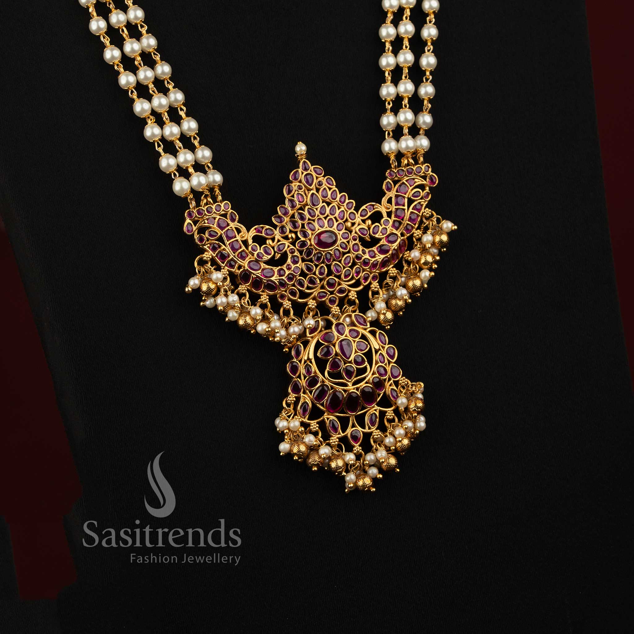 Elegant Three-Layer Pearl Necklace Set with Peacock-Inspired Pendant for Temple Functions and Festive Celebrations - Sasitrends