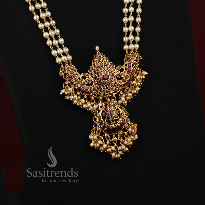 Elegant Three-Layer Pearl Necklace Set with Peacock-Inspired Pendant for Temple Functions and Festive Celebrations - Sasitrends