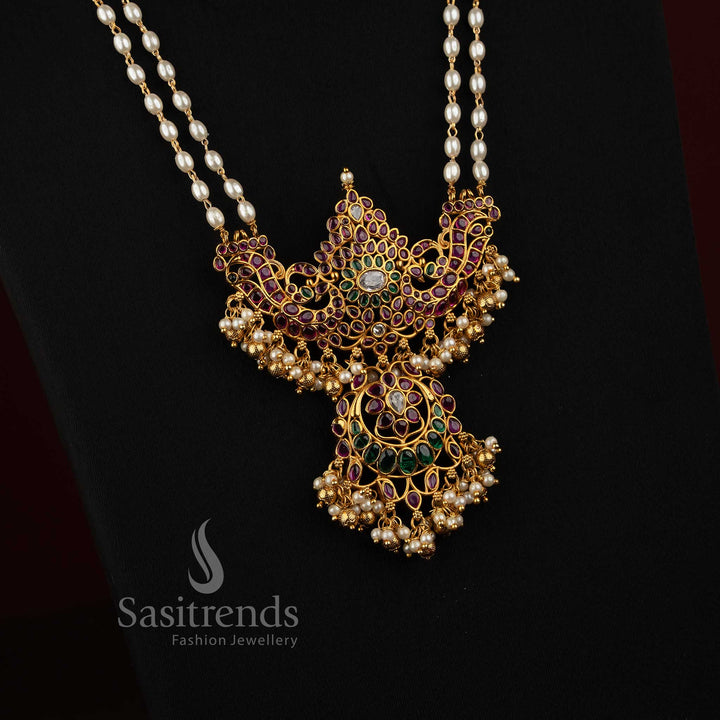 Elegant Two-Layer Pearl Necklace Set with Peacock-Inspired Pendant for Temple Functions and Festive Celebrations - Sasitrends