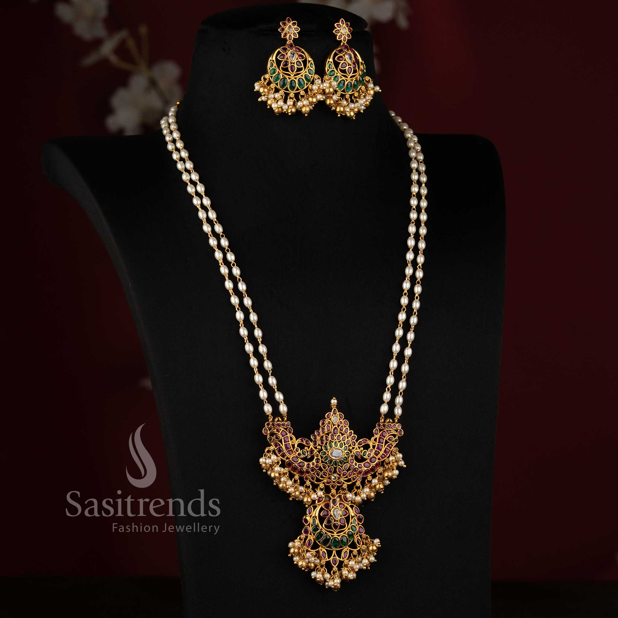 Elegant Two-Layer Pearl Necklace Set with Peacock-Inspired Pendant for Temple Functions and Festive Celebrations - Sasitrends