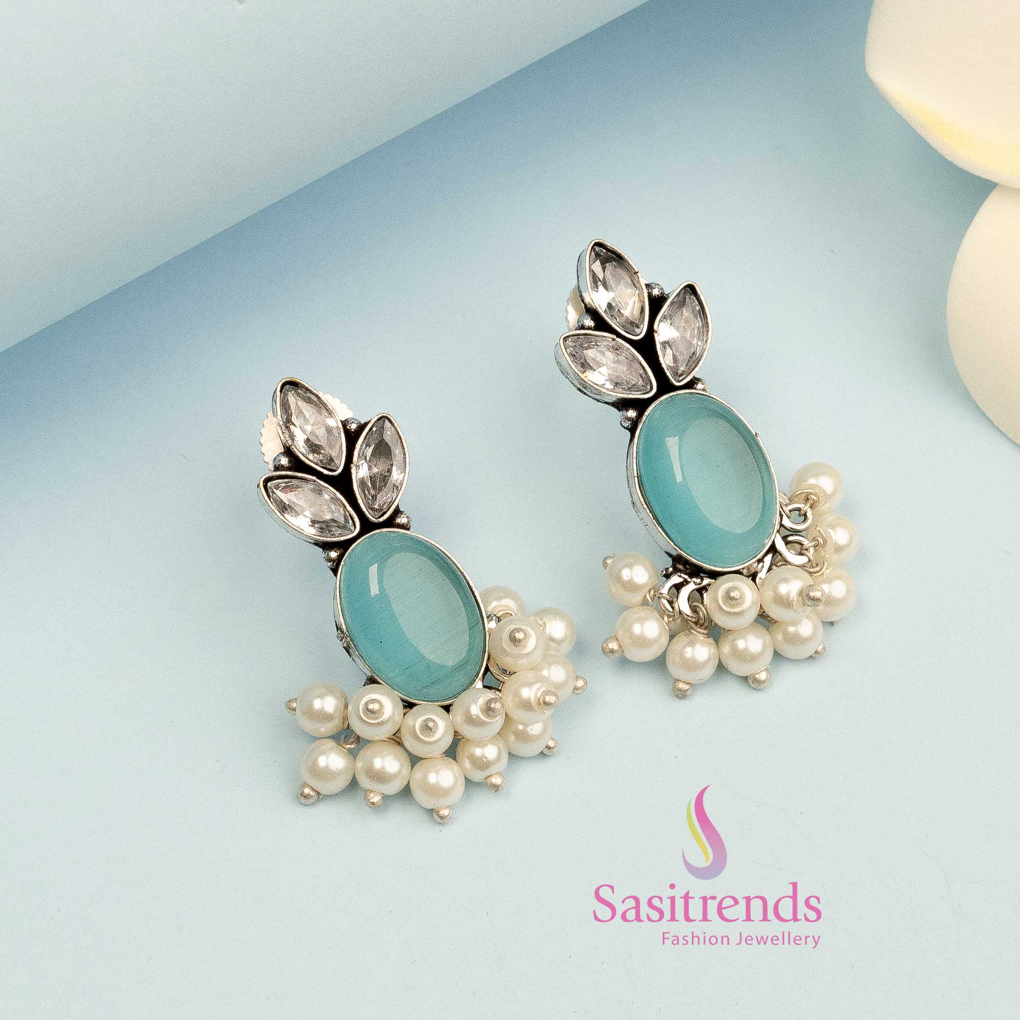 Sky blue oxidised earrings with Monalisa stone and office-style round setting – a calm and classic jewellery choice – Sasitrends
