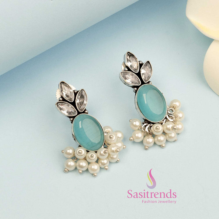 Sky blue oxidised earrings with Monalisa stone and office-style round setting – a calm and classic jewellery choice – Sasitrends