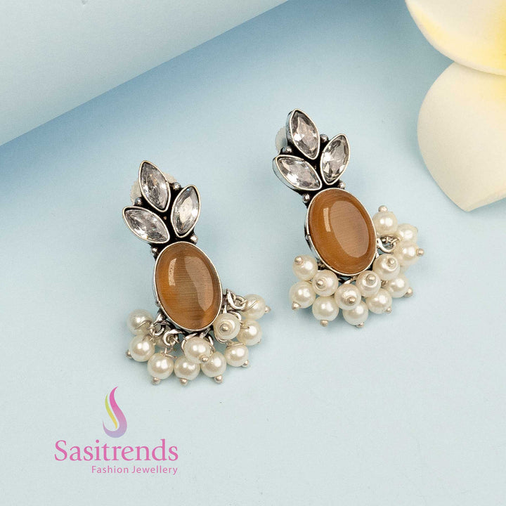 Neutral brown oxidised earrings with detailed Monalisa gem and versatile styling – a staple everyday office jewellery choice – Sasitrends