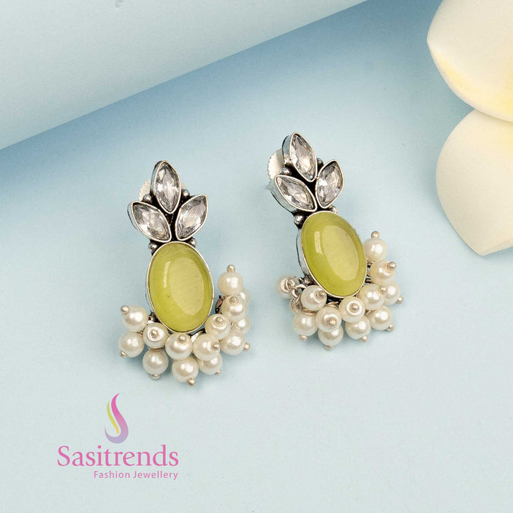 Chic pear-shade oxidised earrings with Monalisa gem and clean round silhouette – ideal for professional fashion jewellery styling – Sasitrends