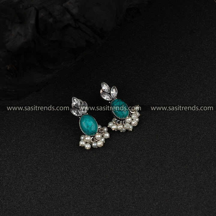 Pearl Oxidised German Silver AD Stones Earrings