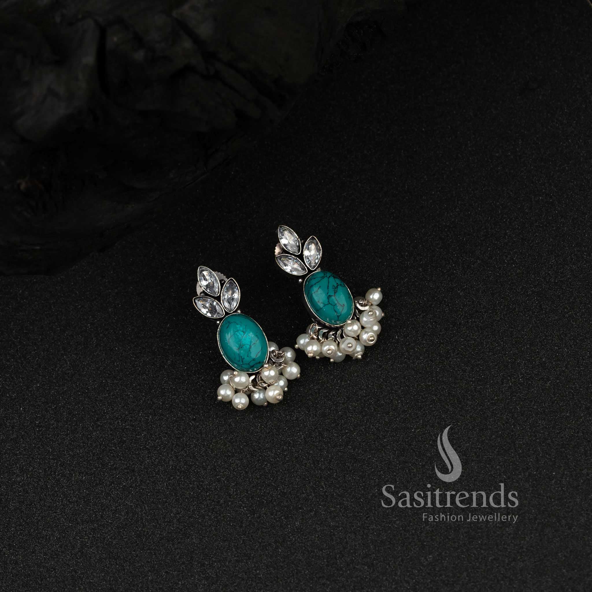 Pearl Oxidised German Silver AD Stones Earrings