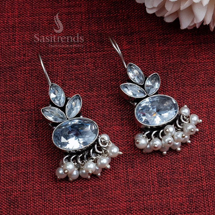 Graceful white Monalisa oxidised earrings with elegant hook and glowing pearl drop – a refined choice for formal wear jewellery – Sasitrends