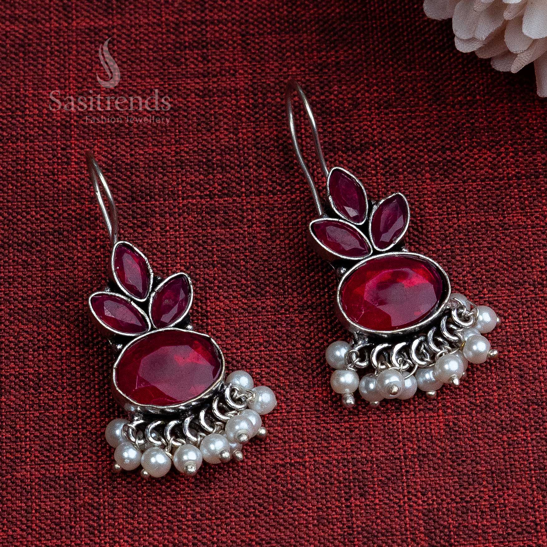 Ruby stone oxidised hook earrings featuring a smooth round pearl and vintage ethnic charm – classic cultural jewellery pick – Sasitrends