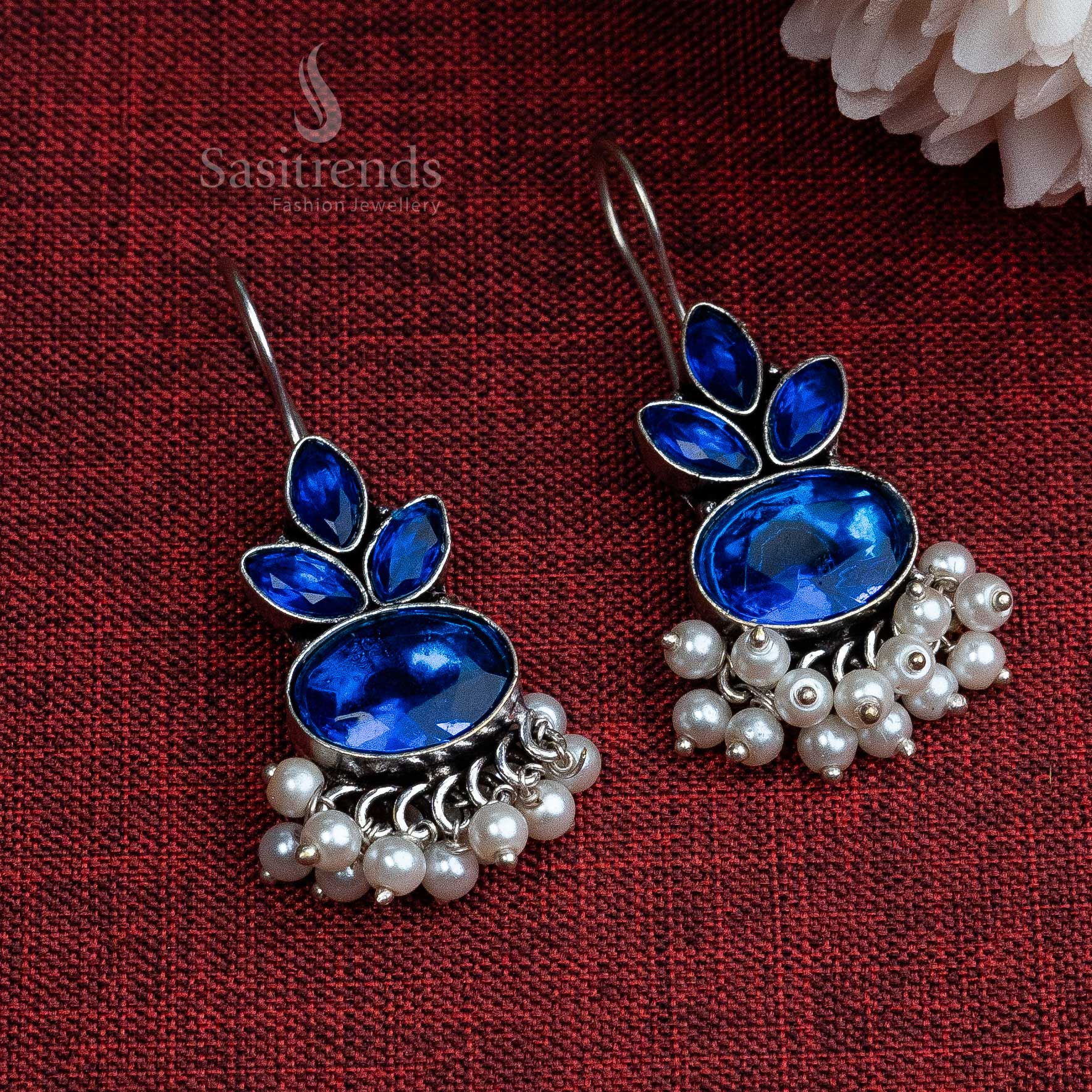 Blue Monalisa-inspired German silver earrings with elegant hook design and dangling pearl – crafted for trendy statement jewellery – Sasitrends