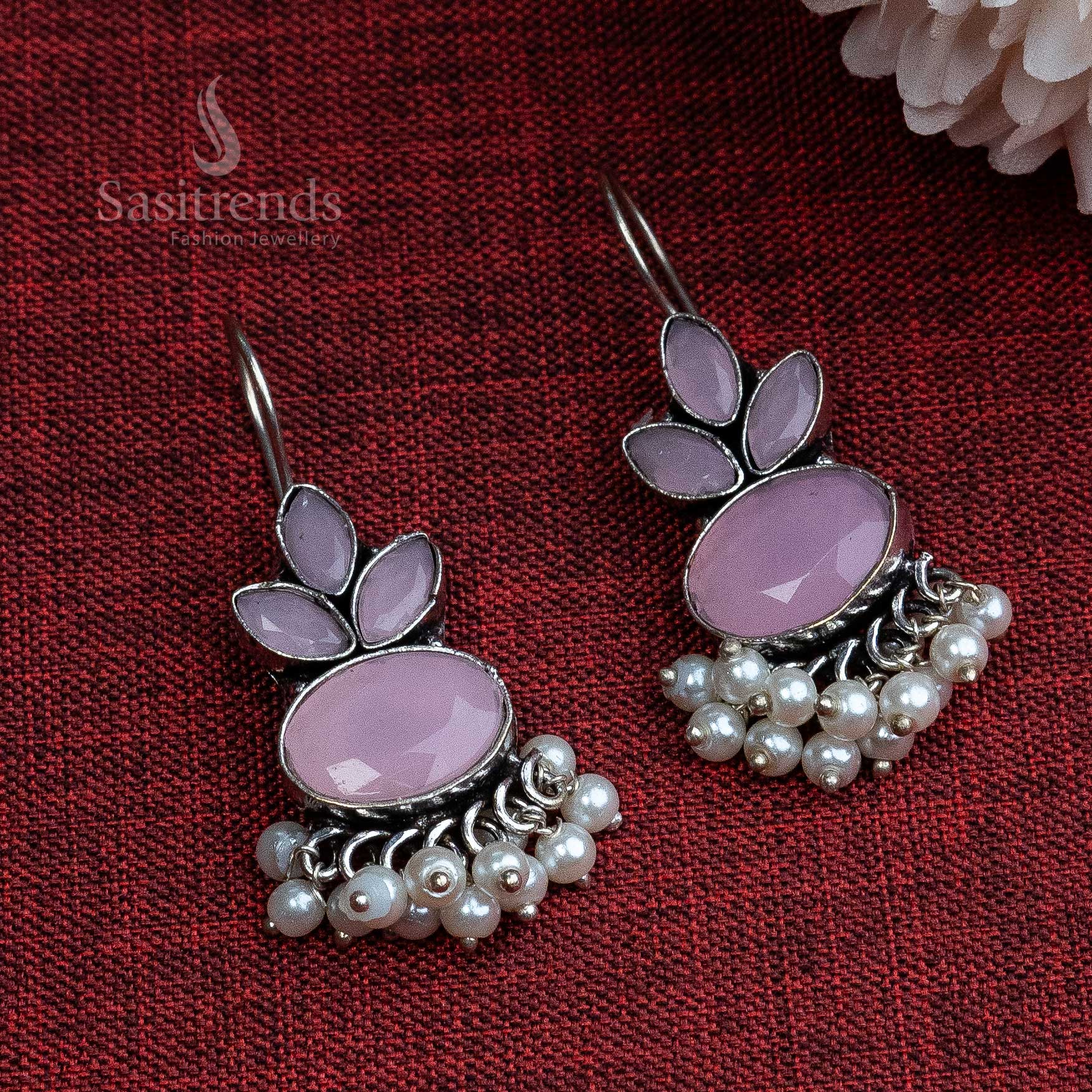 Romantic pink oxidised earrings with curved hook and gentle pearl drop – graceful touch for traditional jewellery lovers – Sasitrends