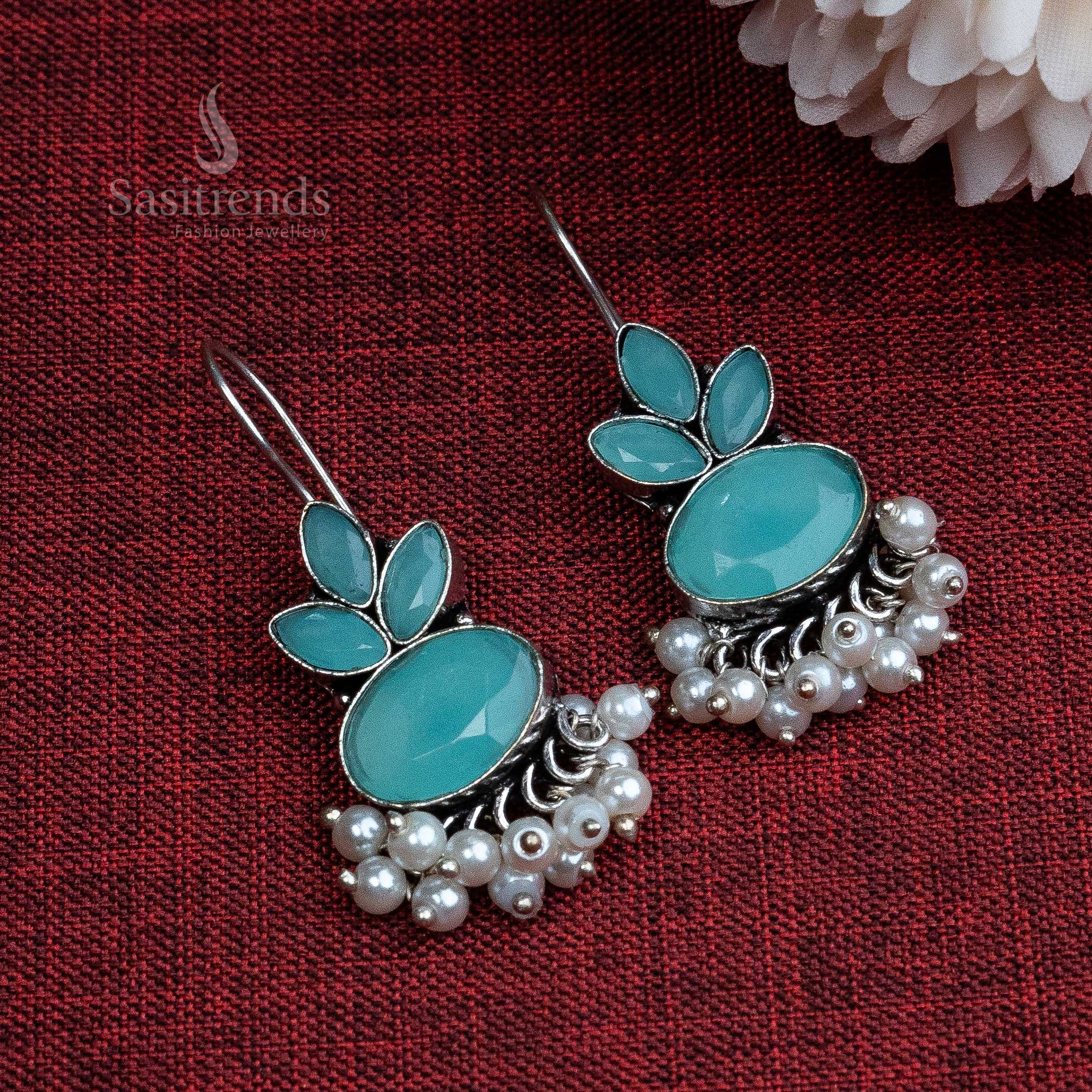 Mint green oxidised earrings with minimal hook stud and pearl charm – casual traditional jewellery for daily elegance – Sasitrends