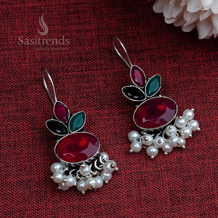 Bold ruby-green-black oxidised German silver earrings with hook stud and drop pearl – exquisite designer traditional jewellery – Sasitrends