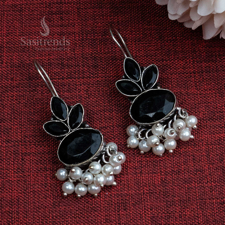 Black tone oxidised hook stud earrings with swinging pearl and antique finish – fusion jewellery that elevates your ensemble – Sasitrends