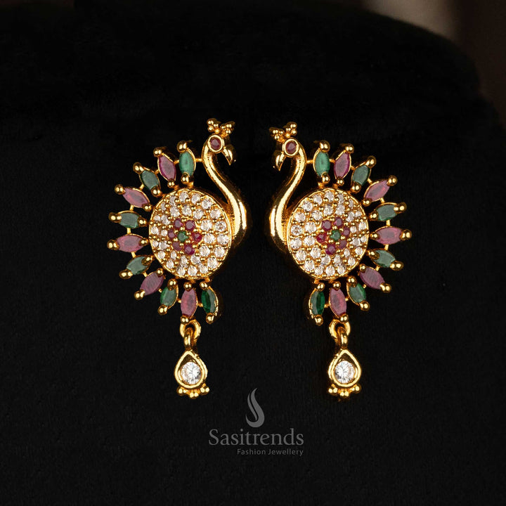 Gold-plated royal peacock pendant set with vibrant multi-color stones - Sasitrends