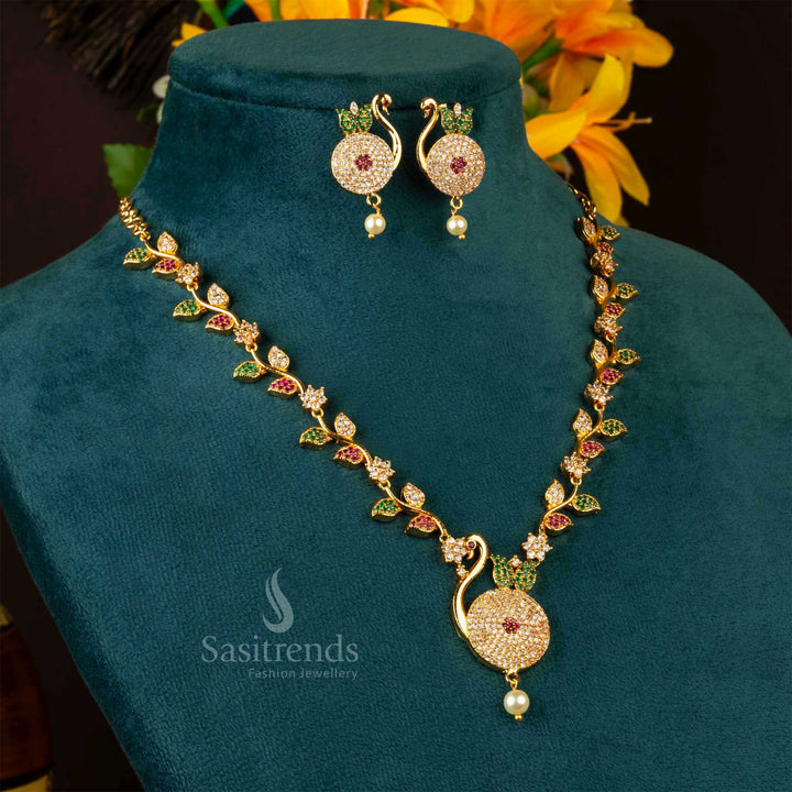  Exclusive multi-shaded micro gold plated peacock necklace jewellery set with pearl, perfect for bridal, festive, and traditional occasions - Sasitrends