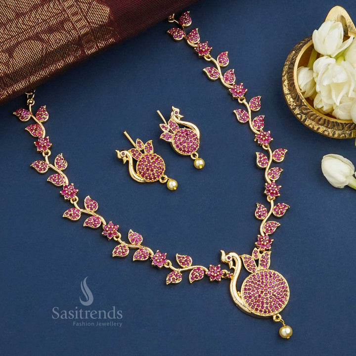 Royal ruby-hued peacock design necklace jewellery set, micro gold plated with pearl, an elegant and timeless traditional wear accessory - Sasitrends