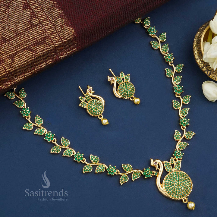 Majestic emerald peacock-style micro gold plated necklace jewellery set with pearl, crafted for brides and cultural celebrations - Sasitrends
