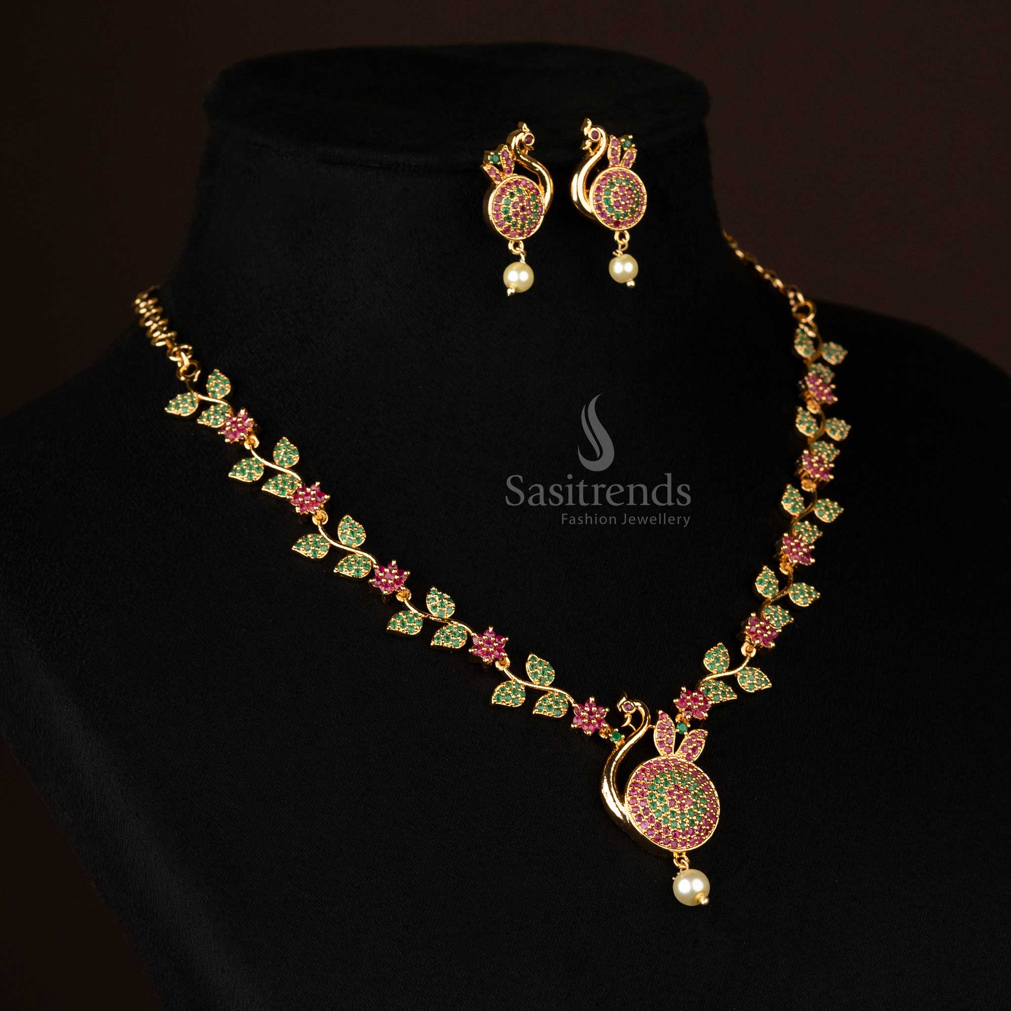 Complete jewelry set featuring a peacock design pendant with pearl drops in micro gold finish - Sasitrends