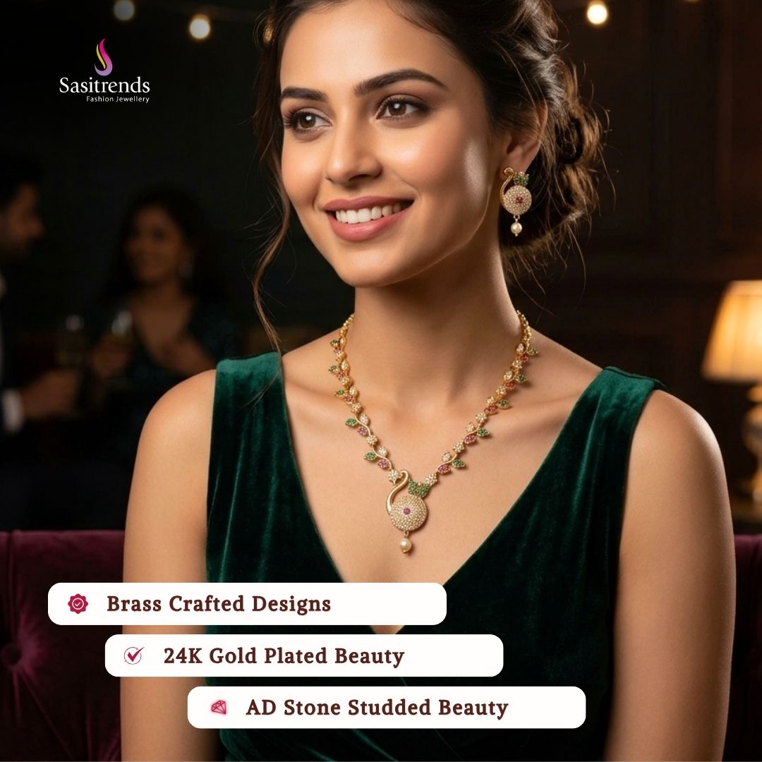 Guaranteed Micro gold plated AD stone necklace set model image - Sasitrends 