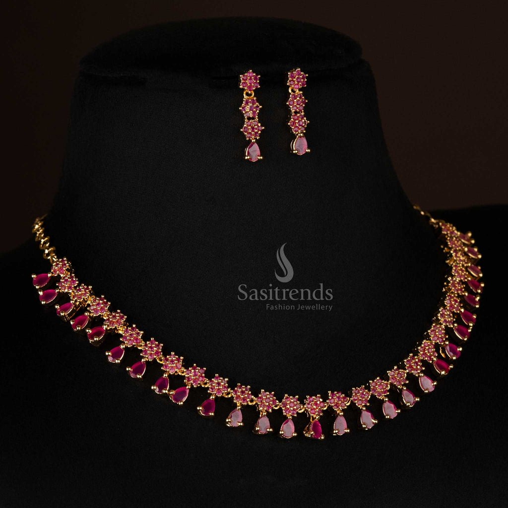 Attarctive Necklace floral motif Necklace Jewellery Set with American Diamond Stones Sasitrends