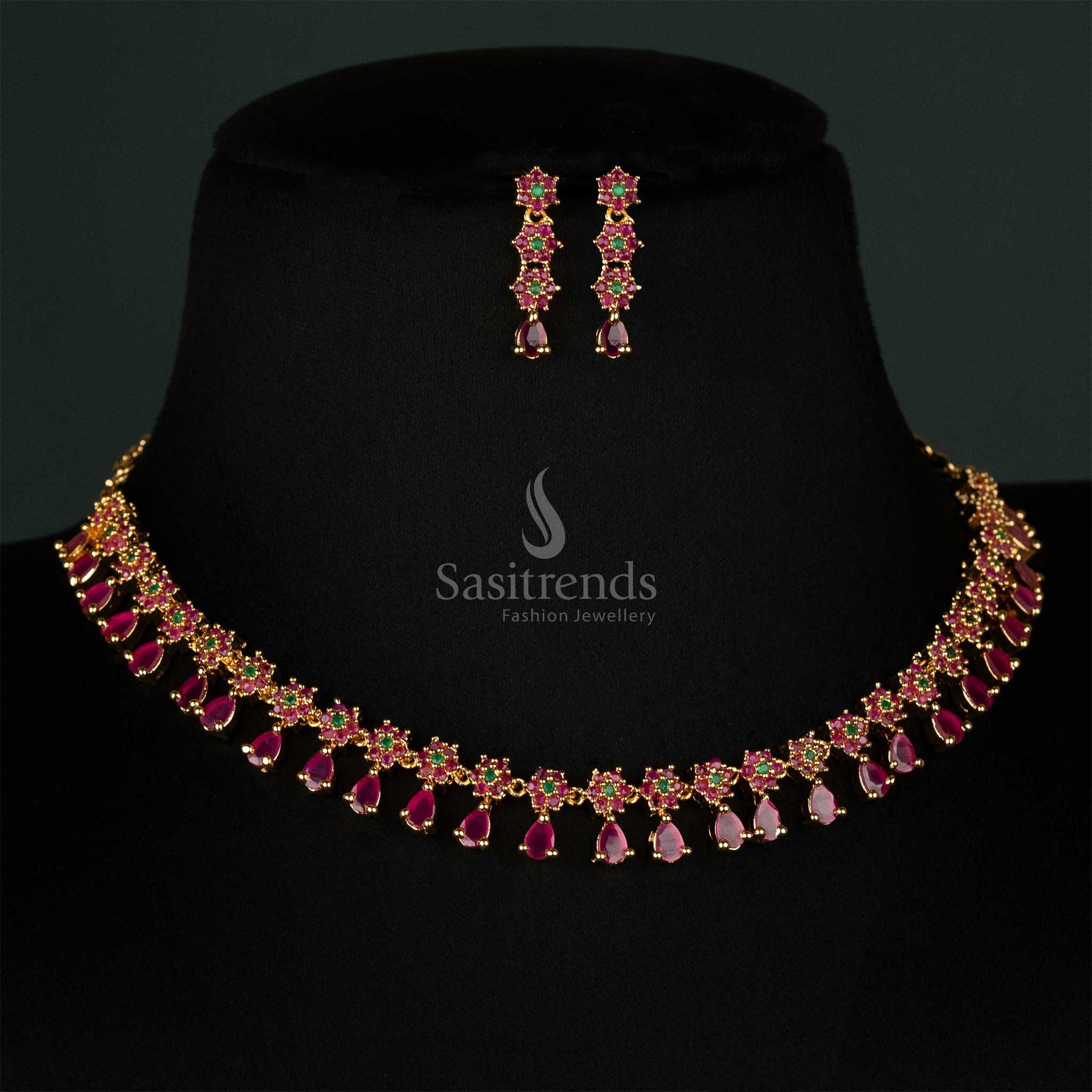 Attarctive Necklace floral motif Necklace Jewellery Set with American Diamond Stones Sasitrends