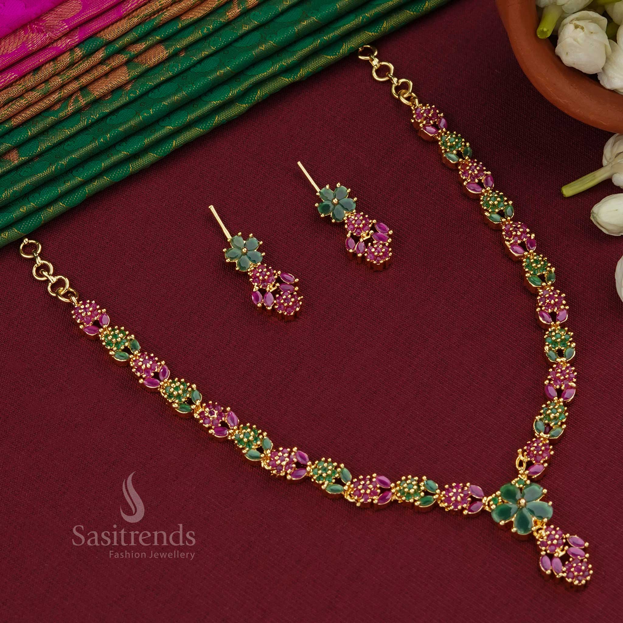Regal ruby-green flower and leaf design gold plated necklace jewellery set, an elegant choice for cultural events and festive occasions - Sasitrends