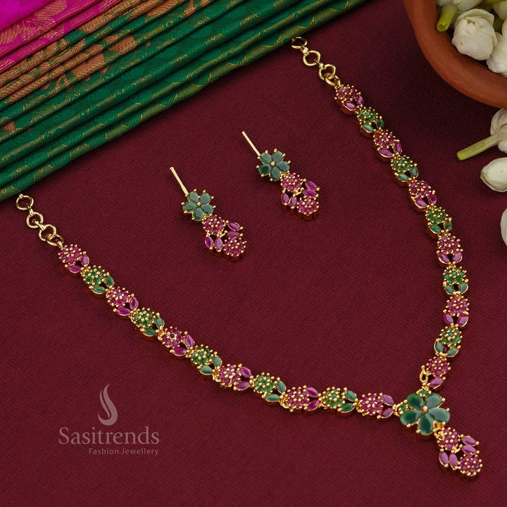 Regal ruby-green flower and leaf design gold plated necklace jewellery set, an elegant choice for cultural events and festive occasions - Sasitrends