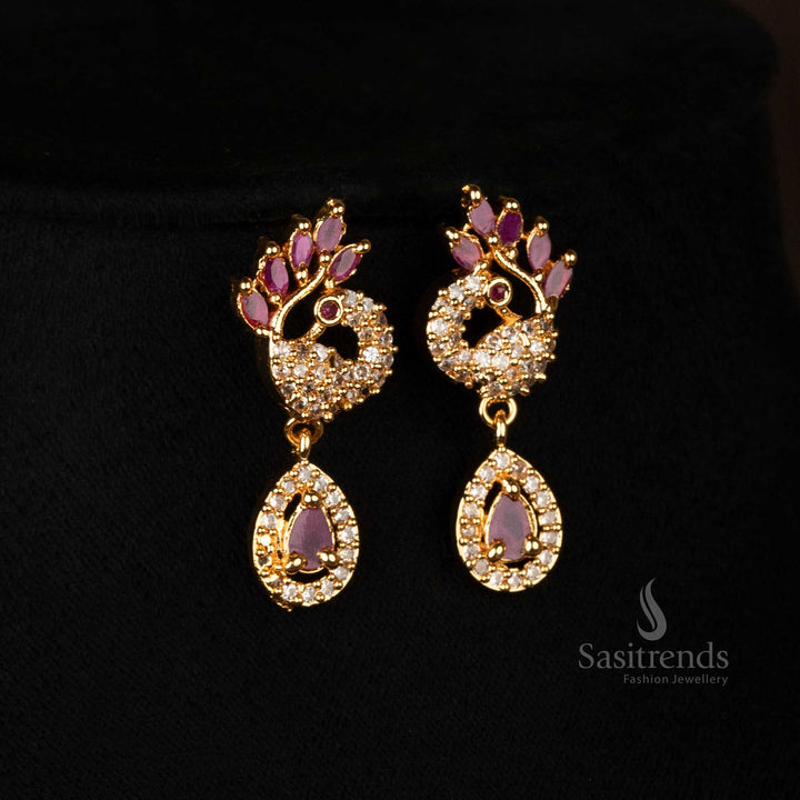 Elegant white and ruby peacock necklace with sparkling American diamonds - Sasitrends