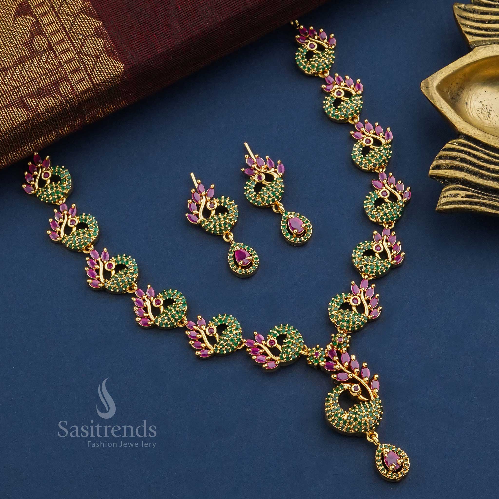 Ornate ruby-green peacock design micro gold plated jewellery set featuring dazzling American diamonds, a statement piece for elegant occasions - Sasitrends