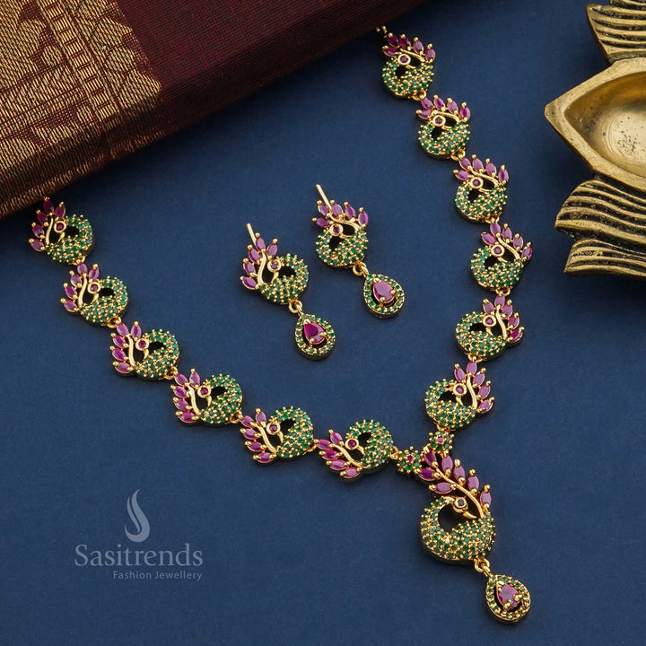 Ornate ruby-green peacock design micro gold plated jewellery set featuring dazzling American diamonds, a statement piece for elegant occasions - Sasitrends