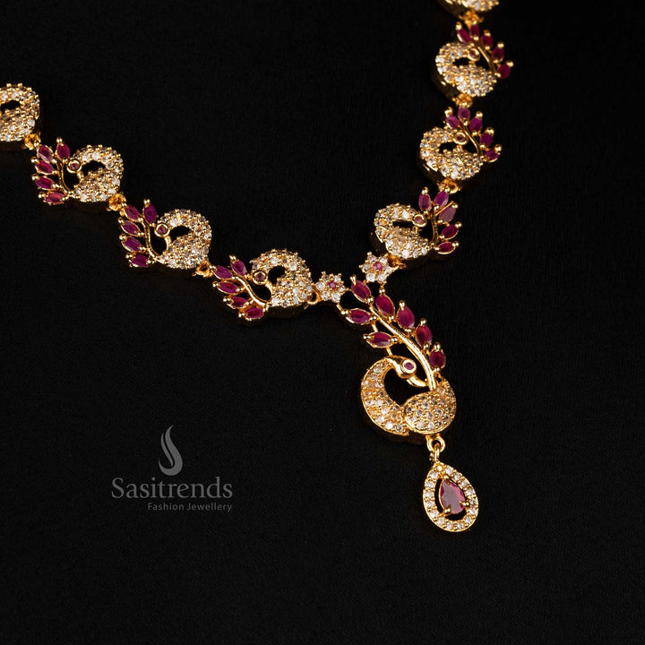 Gold-plated cascading peacock necklace with ruby and white accents - Sasitrends