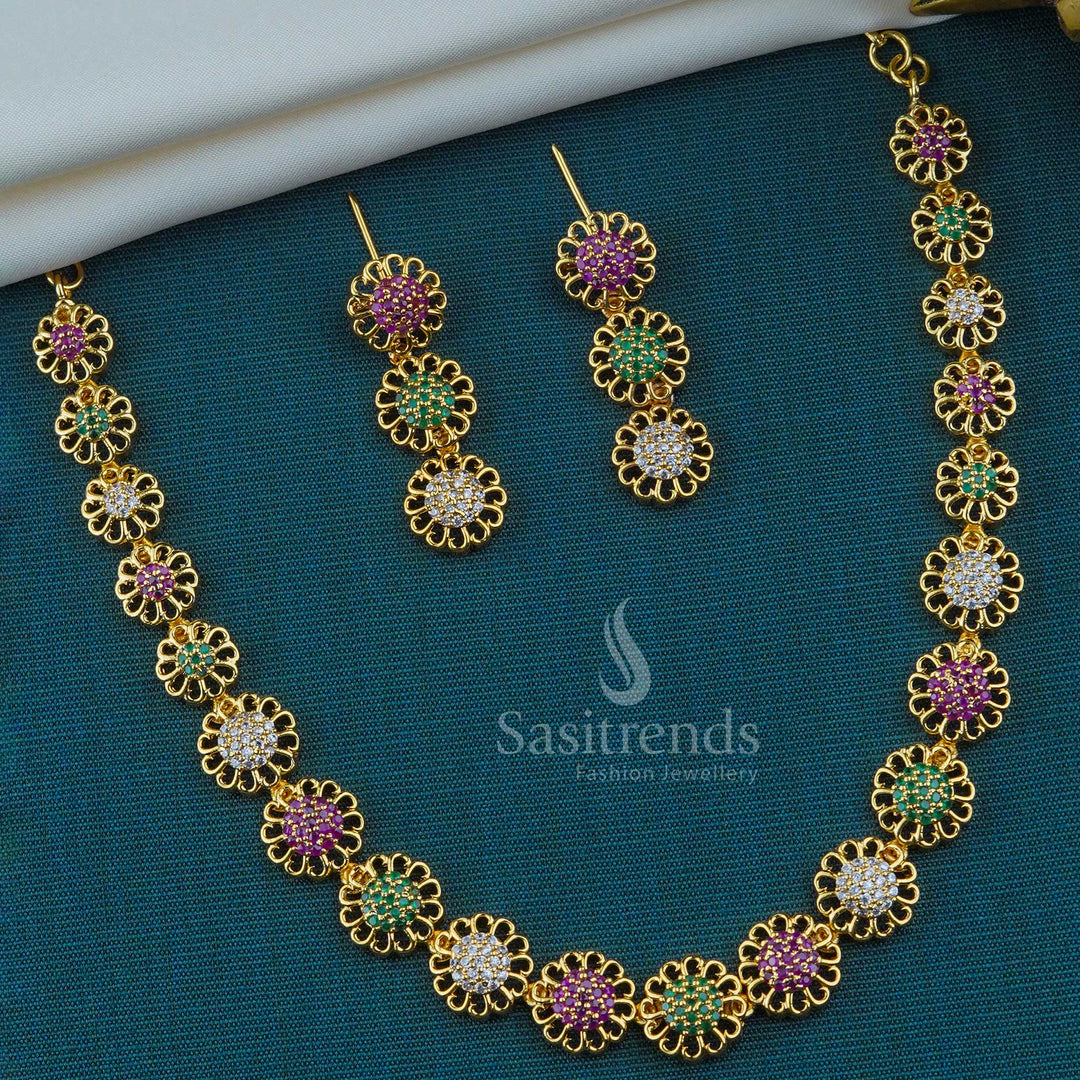 Floral Design Micro Gold Plated Necklace Set with American Diamond Stones - One Gram Gold Plated - Sasitrends