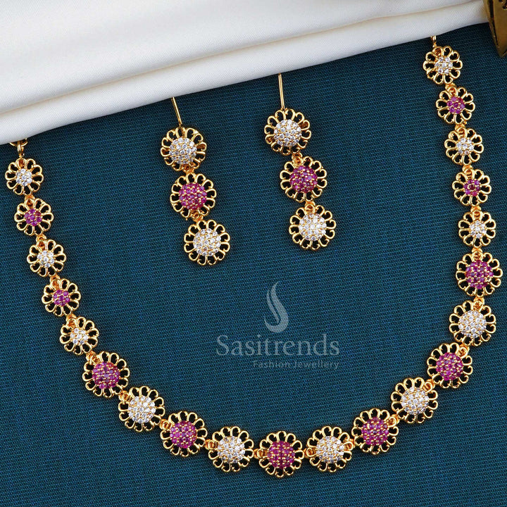 Floral Design Micro Gold Plated Necklace Set with American Diamond Stones - One Gram Gold Plated