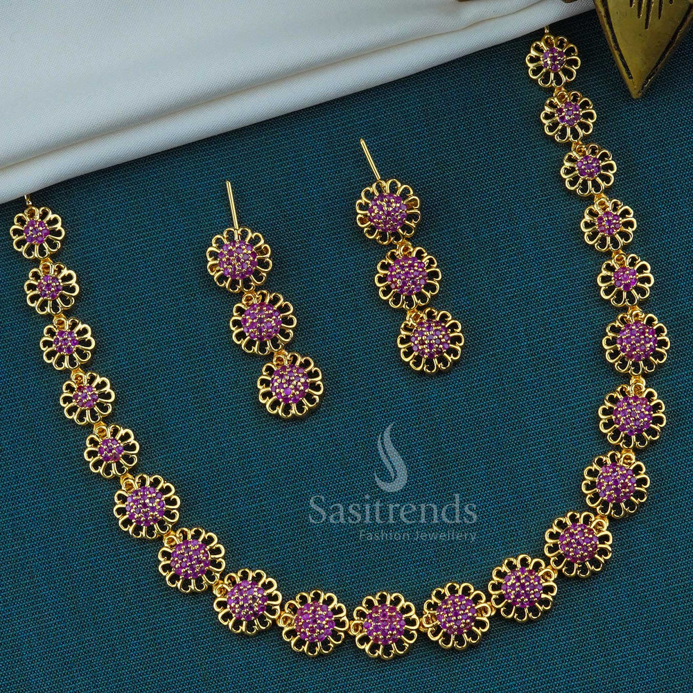Floral Design Micro Gold Plated Necklace Set with American Diamond Ruby Stones - One Gram Gold Plated