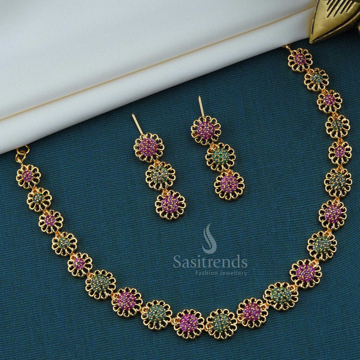 Floral Design Micro Gold Plated Necklace Set with American Diamond Ruby Green Stones - One Gram Gold Plated - Sasitrends
