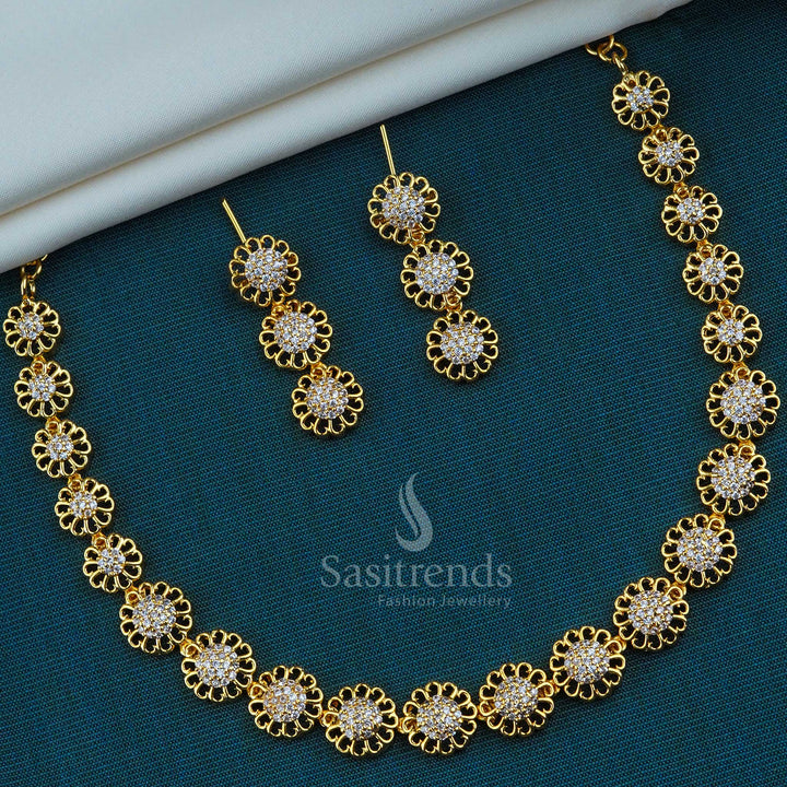 Floral Design Micro Gold Plated Necklace Set with American Diamond White Stones - One Gram Gold Plated - Sasitrends