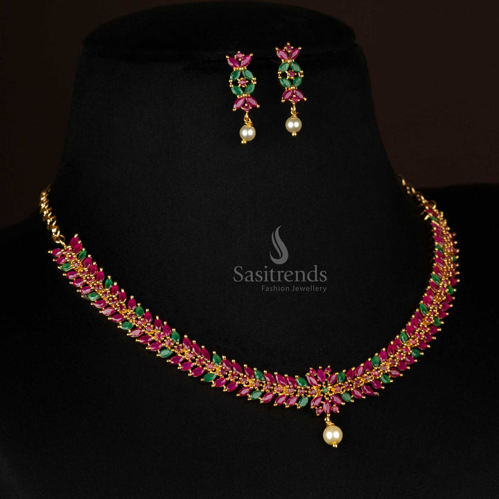 Trendy Traditional Micro Gold Plated Floral Leaf Necklace Jewellery Set - Party Wear AD Stones Jewellery for Women
