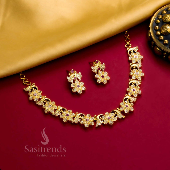 Latest Traditional Micro Gold Plated Floral Leaf Jewellery Set, AD Stones for Women | Sasitrends