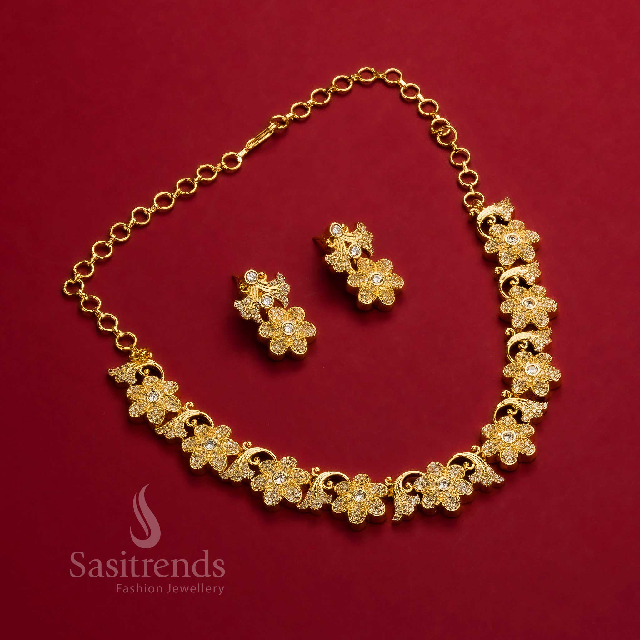 Charming Micro Gold Plated Floral Leaf Necklace with White AD Stones. Latest Traditional Design - Sasitrends