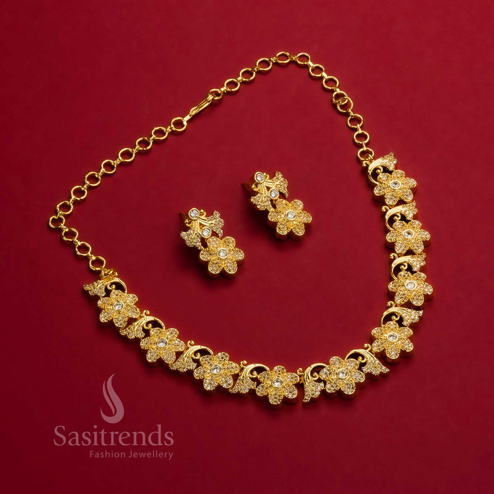Charming Micro Gold Plated Floral Leaf Necklace with White AD Stones. Latest Traditional Design - Sasitrends