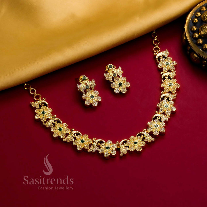 Charming Micro Gold Plated Floral Leaf Necklace with Green AD Stones. Latest Traditional Design - Sasitrends