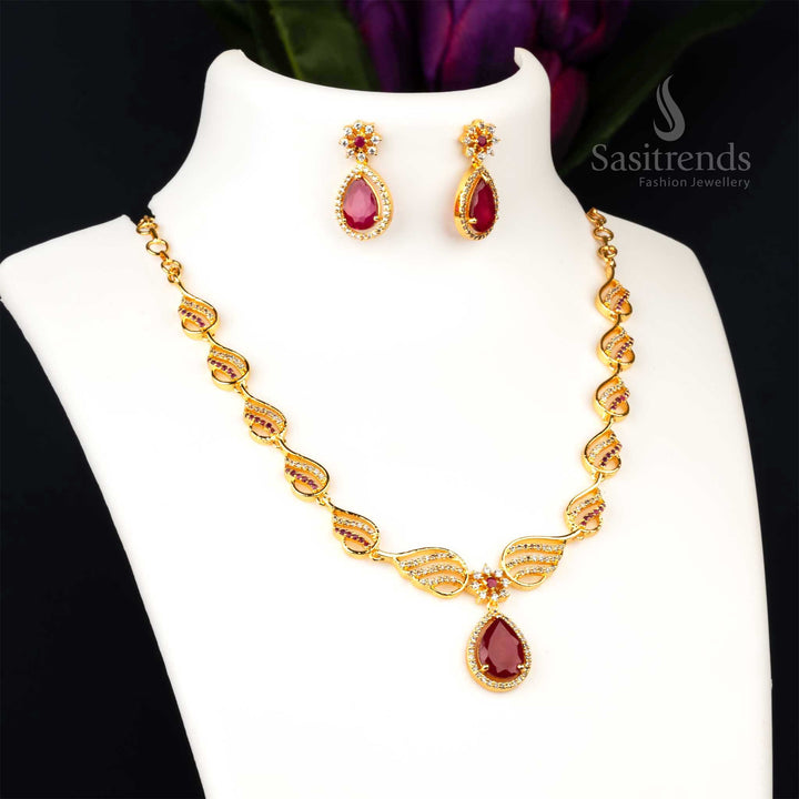 Opulent white and ruby stone gold plated royal traditional necklace jewellery set with a graceful artistic design - Sasitrends