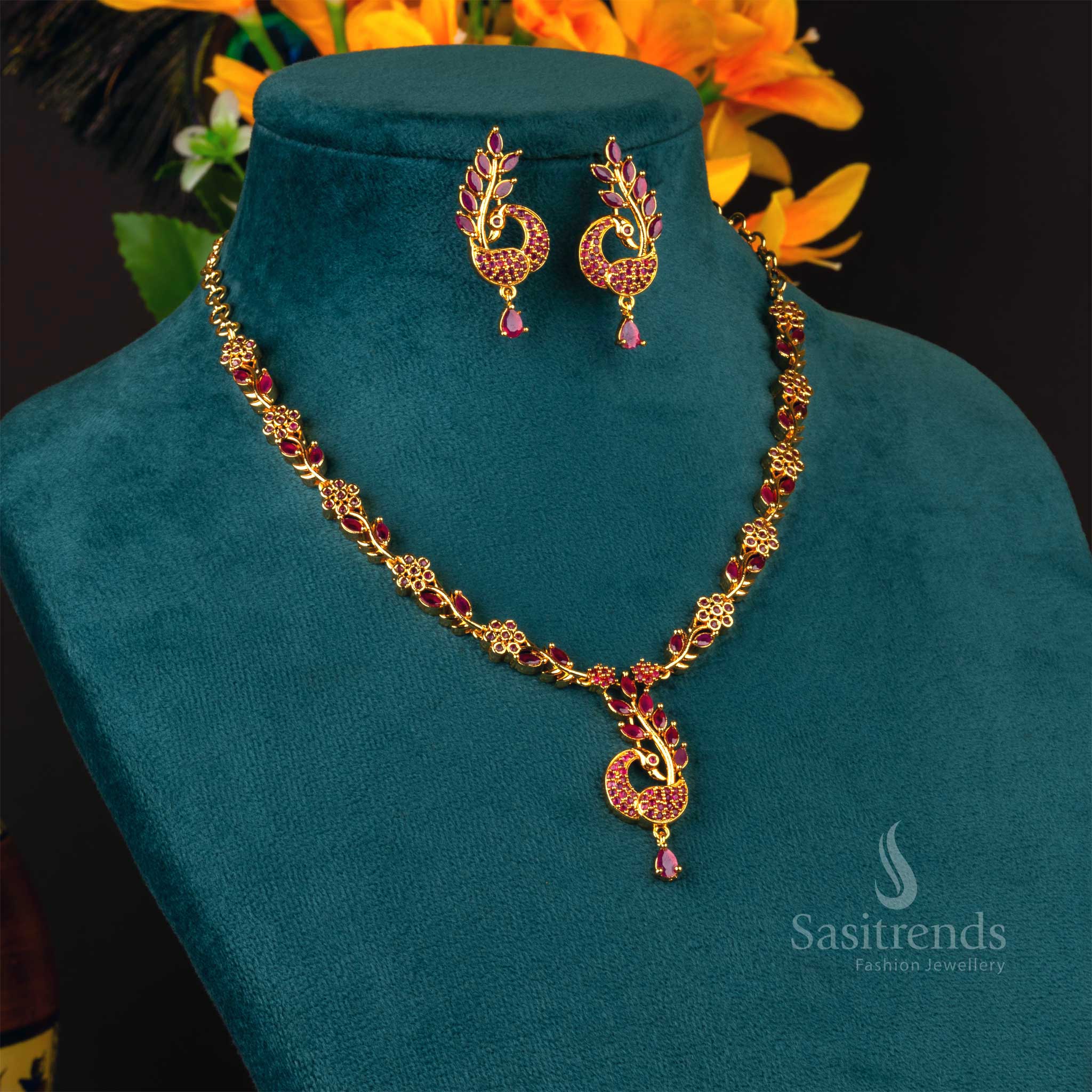 Traditional Micro Gold Plated Ruby Peacock Jewellery Set - Sasitrends