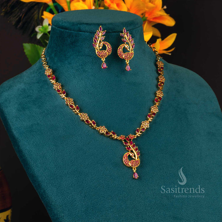 Traditional Micro Gold Plated Ruby Peacock Jewellery Set - Sasitrends