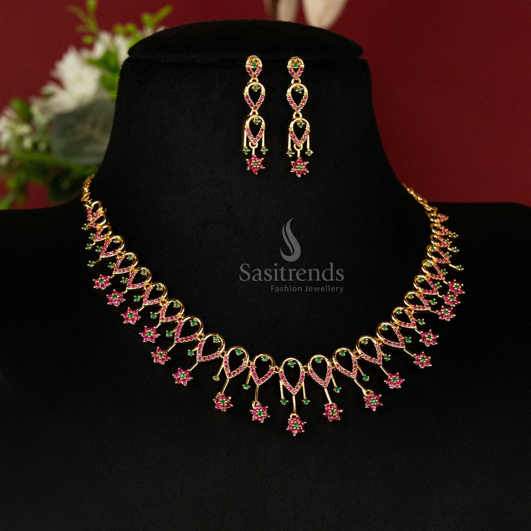 One gram micro gold plated floral loop jewellery set with ruby green-colored stones