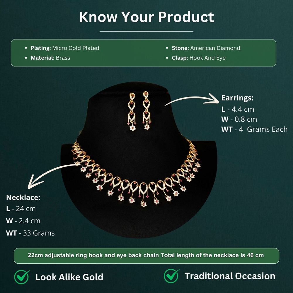 Micro gold plated american diamond necklace measurement image - Sasitrends