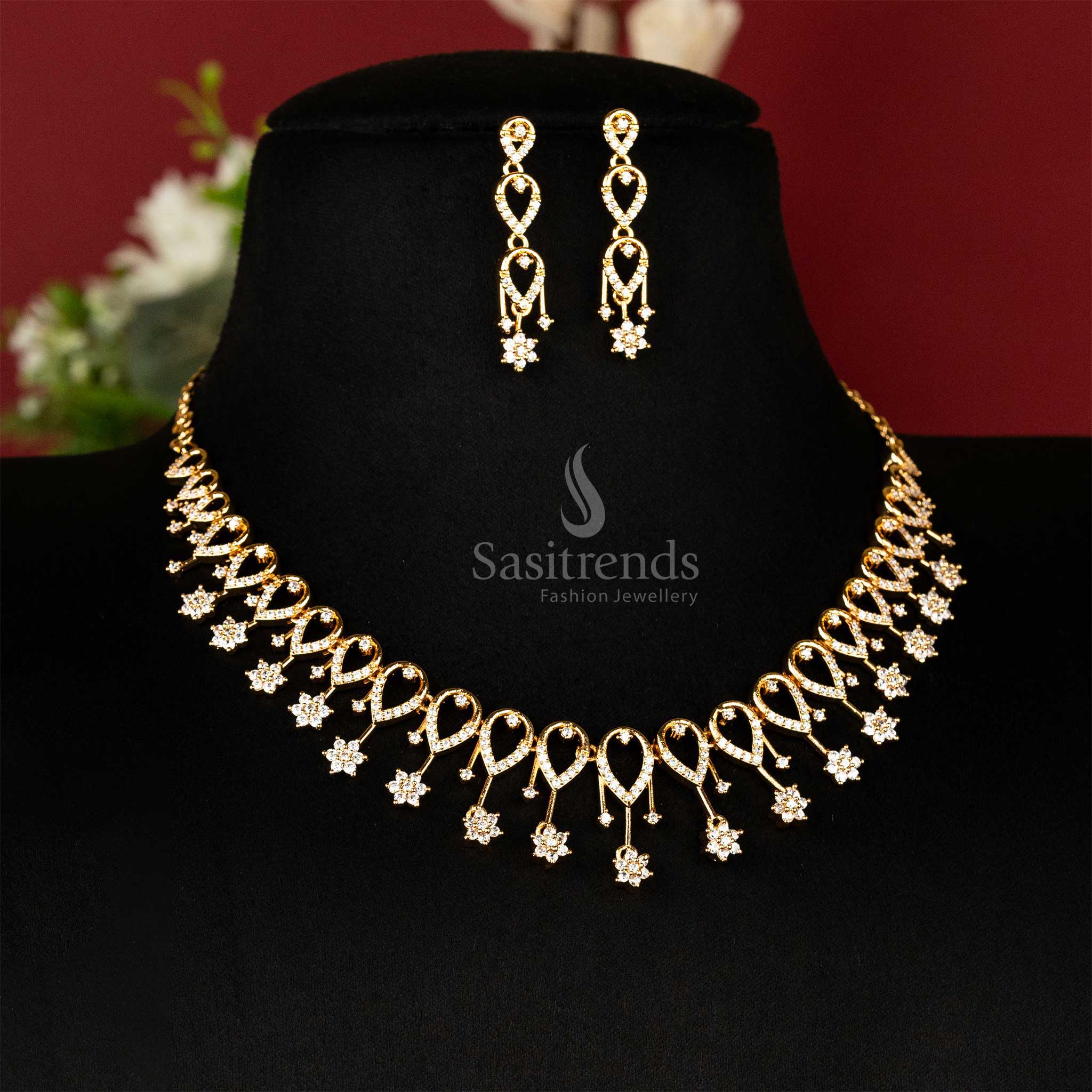 One gram micro gold plated floral loop jewellery set with white-colored stones - Sasitrends