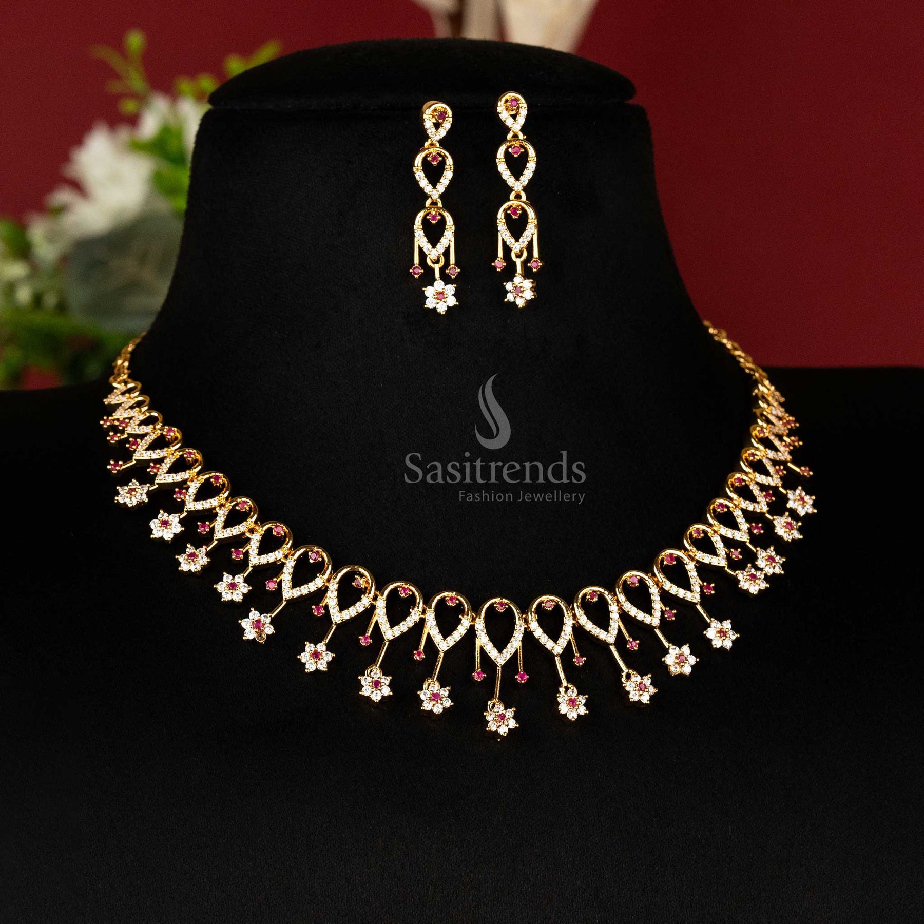 Sasitrends Glamorous One Gram Micro Gold-Plated Floral Loop Necklace Jewellery Set With AD Stones