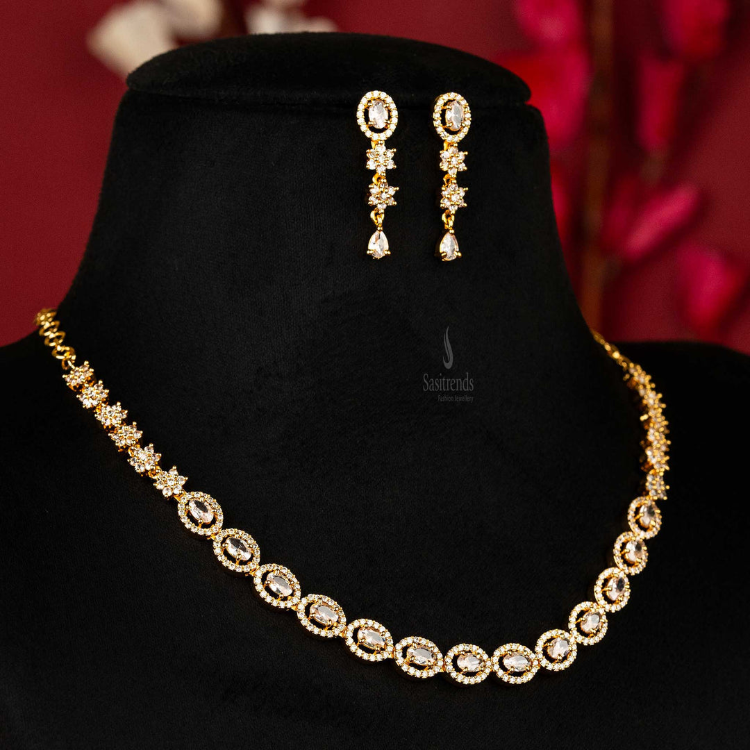 Sasitrends Elegant American Diamond Necklace Jewellery Set with Flower  and Oval Stone Accents Micro Gold Plated